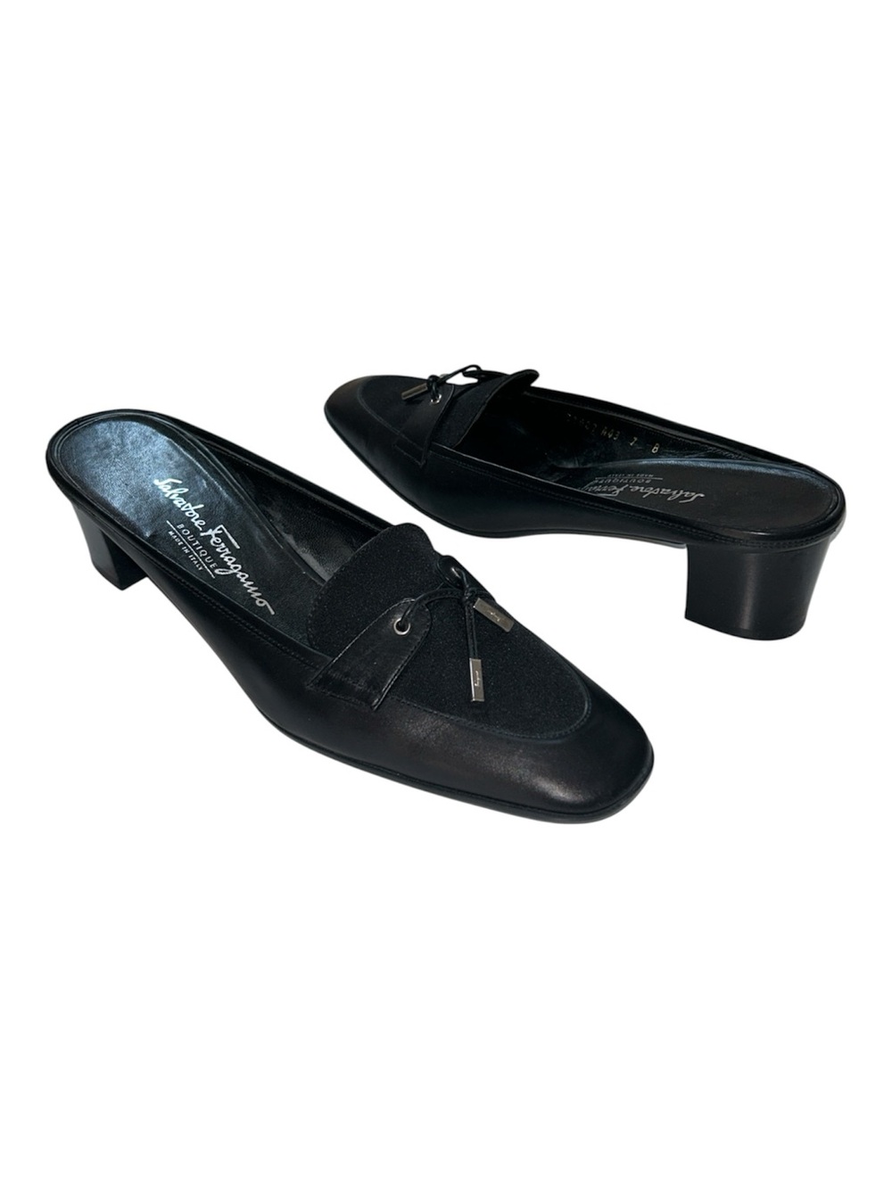 Salvatore Ferragamo Black Leather Mule Heels. Size 7 B. Excellent condition.